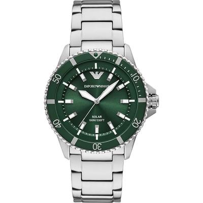 Мужские солнечные кварцевые часы Emporio Armani World Explorer из зеленой нержавеющей стали/серебра AR11698