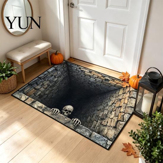 Halloween Doormat for Front Porch 3D Entrance Rug, Spooky Skeleton Depth Pattern Non-slip Entry Rug Absorbent Door Mat Bathroom Entryway Durable