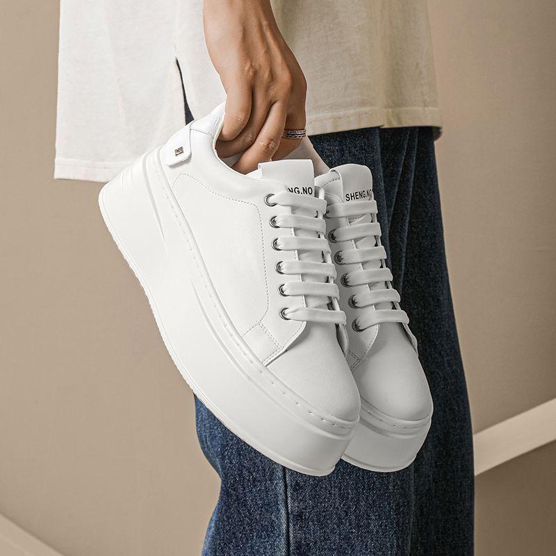 Мужские летние дышащие белые кроссовки с увеличением роста - Модные повседневные кеды на толстой подошве для скейтборда