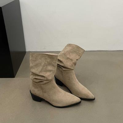 Туфли-лодочки на высоком каблуке, замшевые, цвета хаки, тонкие, французские, короткие ботильоны, женская обувь 2025, новые ботильоны на наборном каблуке, весенне-осенние одинарные ботильоны