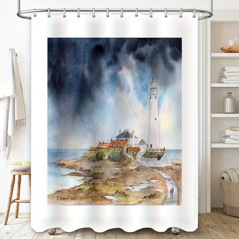 Coastal Lighthouse Shower Curtain Vintage Ocean View Nautical Bathroom Decor Beach House Themed Waterproof Fabric