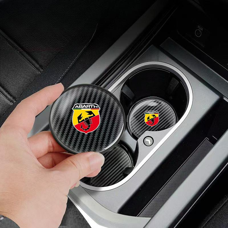 HFYJW1 2pcs Carbon fiber Car Coasters Non-Slip Pad Water Cup Drink Mat For Fiat Abarth 500 500L 500X 500C Safety Belt