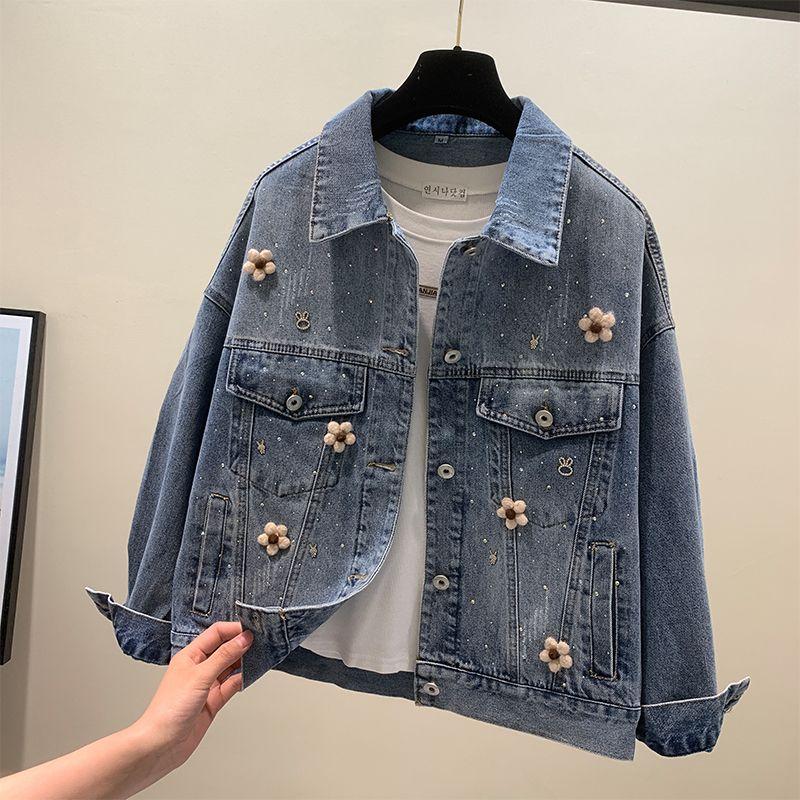 Spring Denim Coat Women's Wool Flower Vintage Hot Diamond Denim Jacket Short Work Top