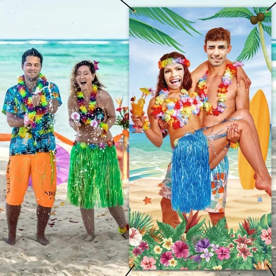 1Pc, Hawaiian Luau Couple Photo Banner Props Hanging Photo Backdrop Decor For Aloha Party Tropical Beach Party Favors Supplies