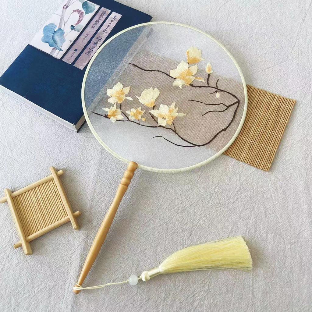 Embroidery Round Fan Classical Long Handle Group Fan Dance Fans Photography Props Home Decor