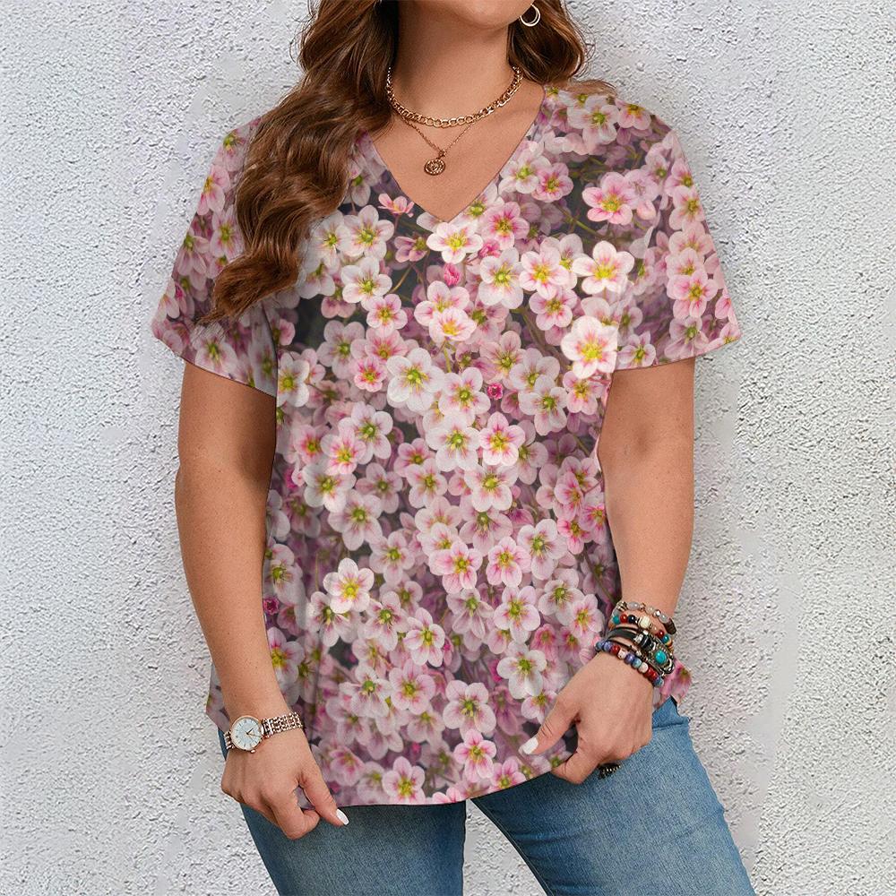 Women's Short Sleeve V Neck Tshirt Woman Fashions Loose Plus Size Clothing Colorful Flower Print Holidays T-Shirts Tops