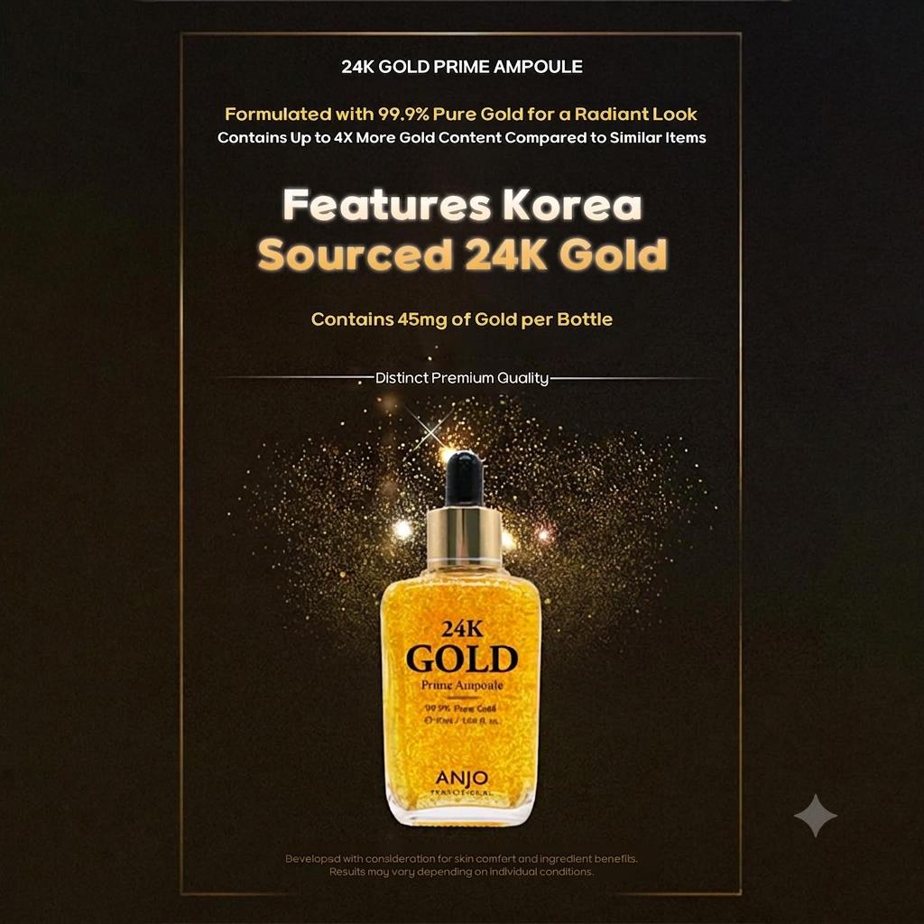 ANJO 24K Gold Prime Ampoule, Hydrating Facial Serum, 90ml – Luxury Gold Infused Hydrating Serum