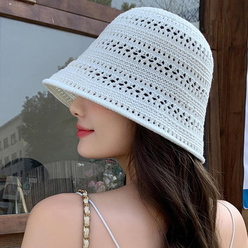 Летняя панама-ведро женская ажурная солнцезащитная шляпа для улицы, повседневная, универсальная, вязаная крючком, складная, пляжная