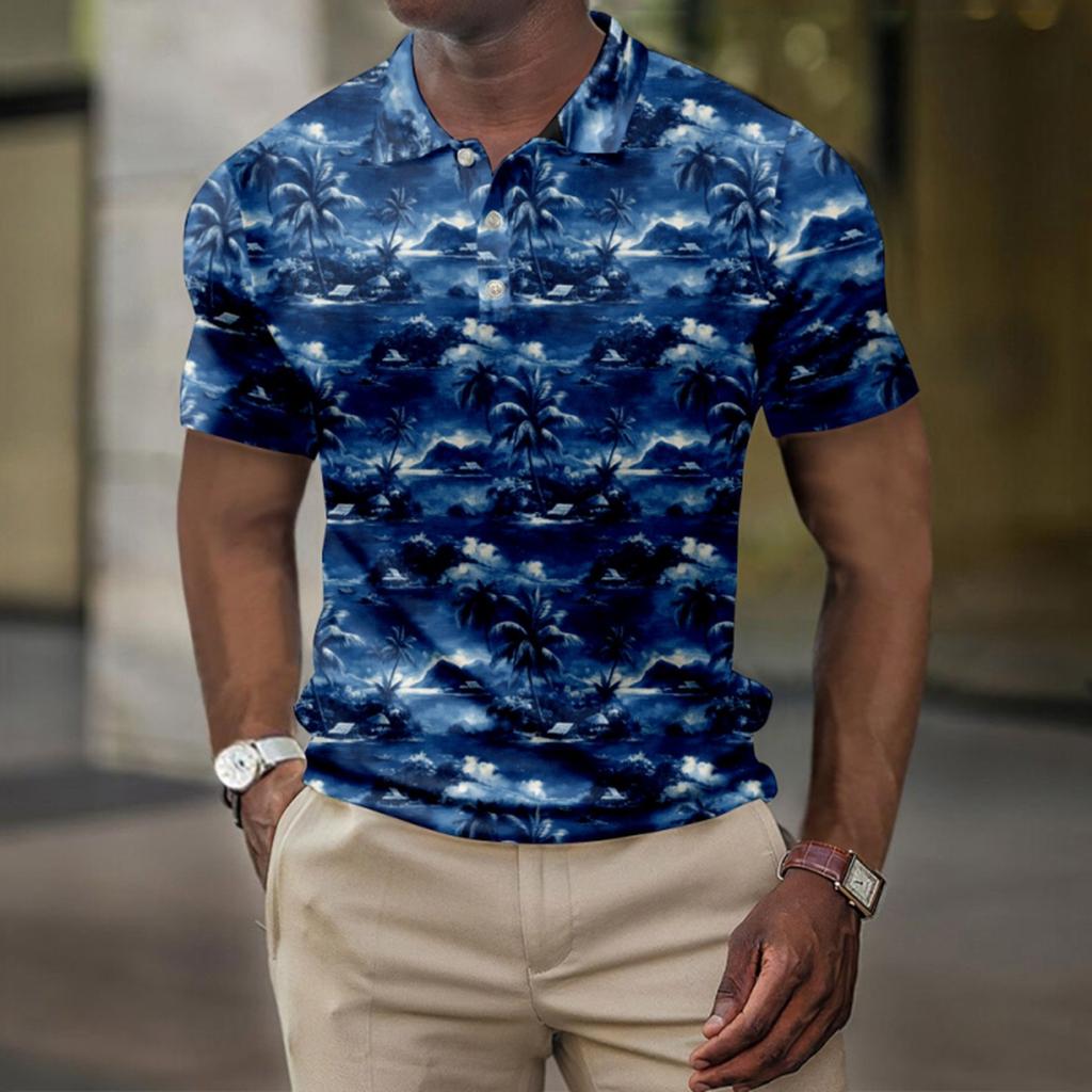 Men's Summer Hawaii Printed Golf Shirt Botton Short Sleeve Top Men's Casual Fashion Shirt