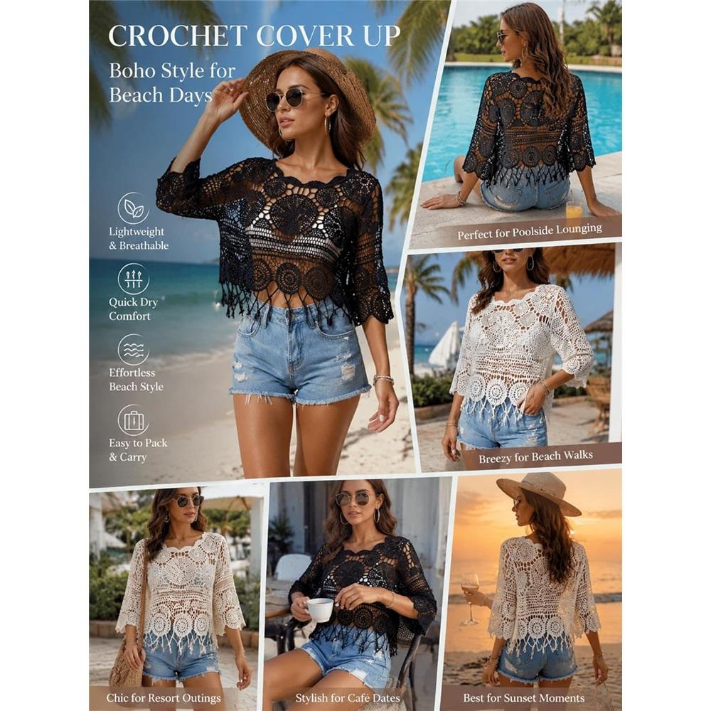Women's Plain Fringe Trim Cut Out Sheer Cover Up-Boho Scallop Trim 3/4 Sleeve Beach Sarong for Vacation Poolside