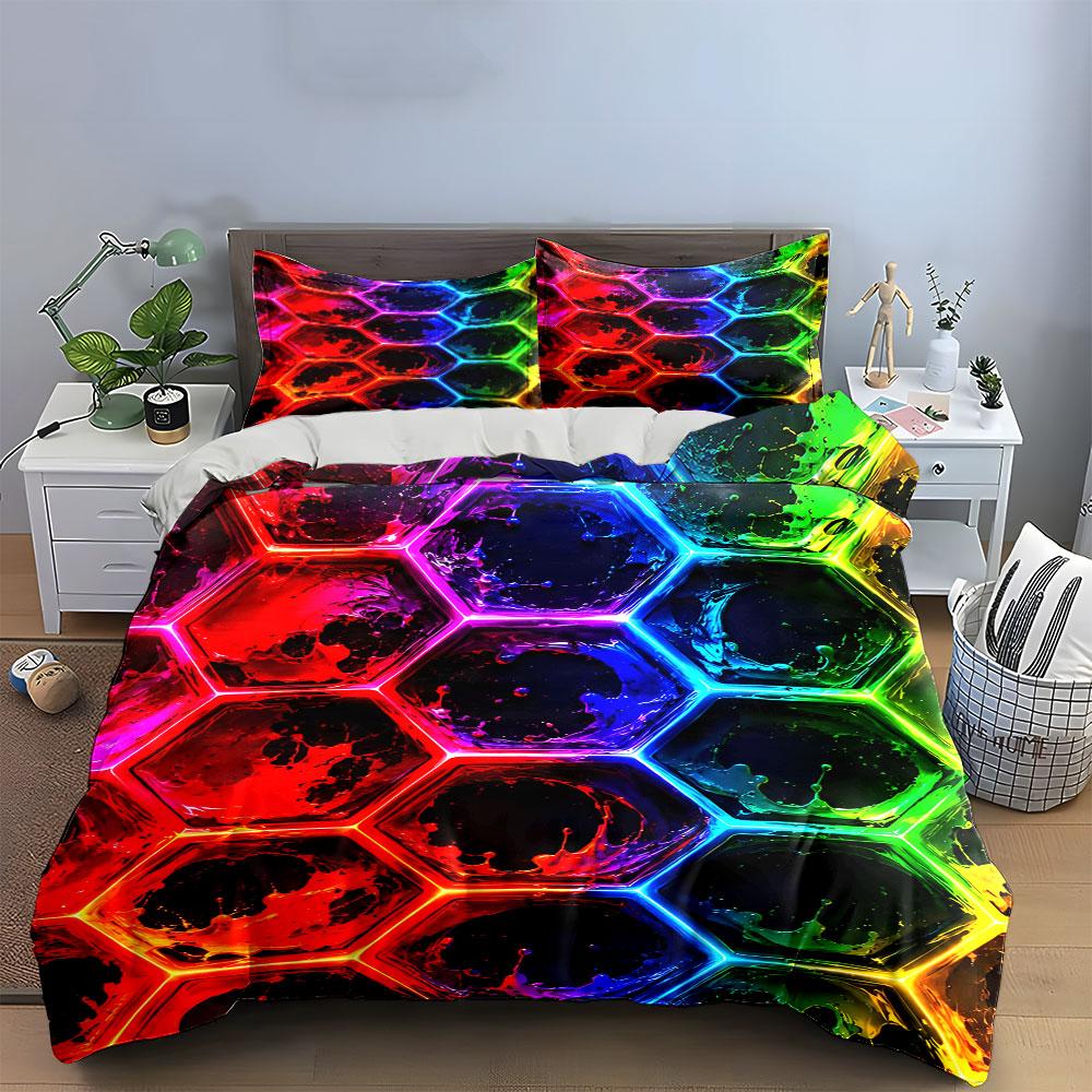 Colorful Hexagon Splash Pattern Bedding Duvet Cover Set (1*Duvet Cover 2*Pillowcases, without duvet insert)