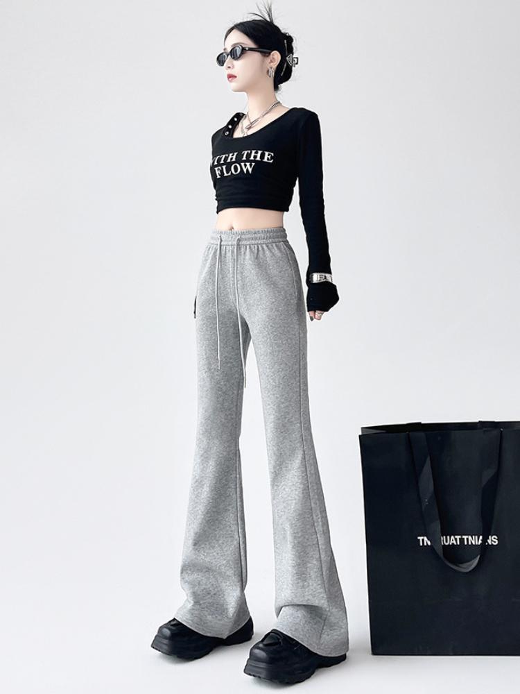 Американские ретро-клеш брюки для женщин, осенние элегантные облегающие спортивные брюки, серые мешковатые спортивные брюки полной длины