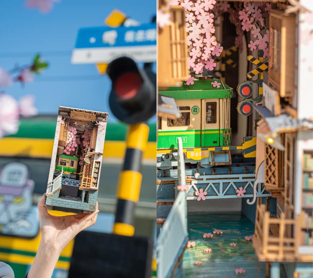 Rolife DIY Book Nook Cherry Blossom Train 3D Puzzle Miniature House Kit Bookend Bookstand LED Bookshelf Decoration Handmade Kit Assembly Wooden Puzzle