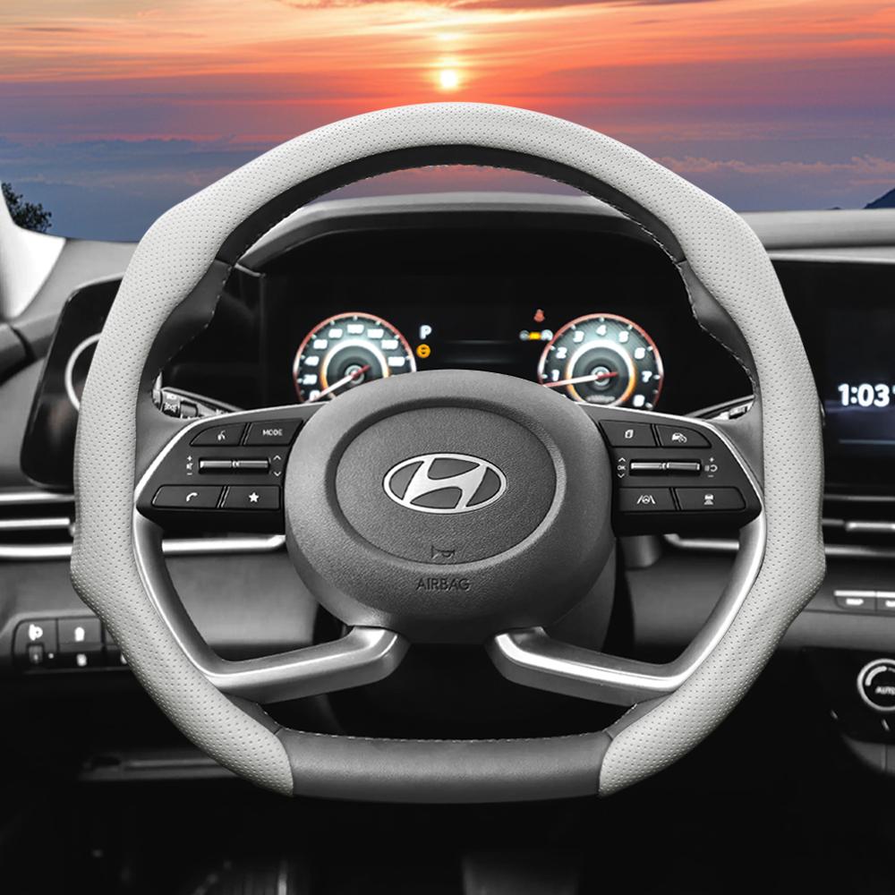 Подходит для Hyundai, Кожаная перфорированная накладка на рулевое колесо, Нескользящая, Впитывающая пот, Дышащая, Интегрированный защитный чехол Elantra N Sonata Ioniq