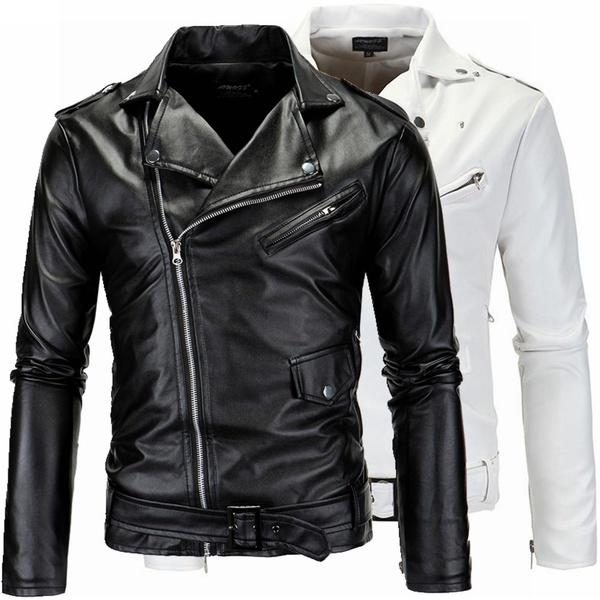 Men's Leather Motorcycle Jacket Slim Lapel Leather Zipper Motorcycle Jacket