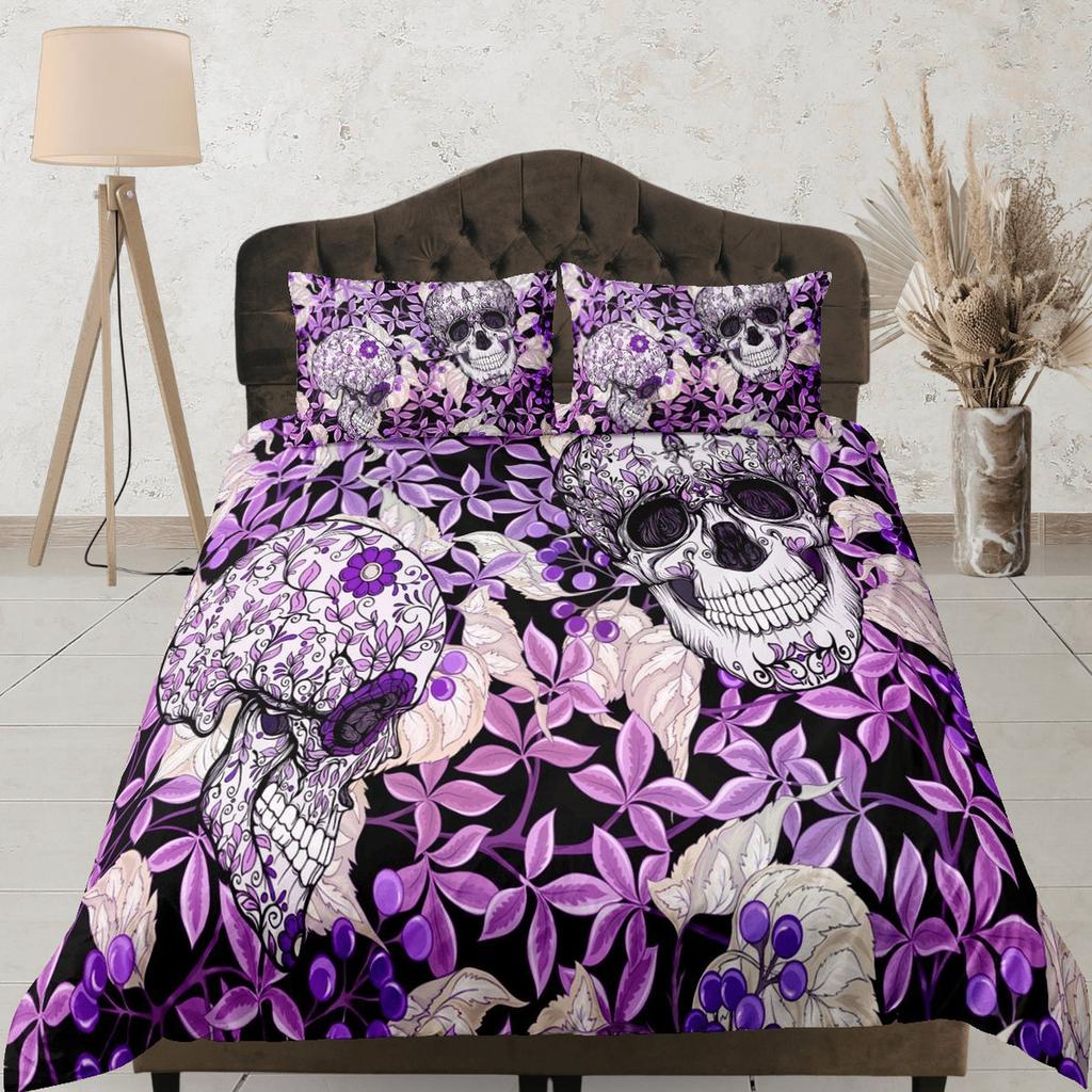 Purple Floral Skull Print Duvet Cover Set, Aesthetic Bedroom Set, Gothic Dorm Bedding, Skull Quilt Cover, Black Bedspread, Gorgeous bed set