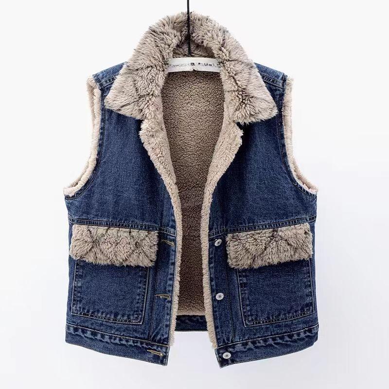 Women's Fall and Winter Sleeveless Loose Buttons Denim Vest Padded and Thickened Cotton Clothing