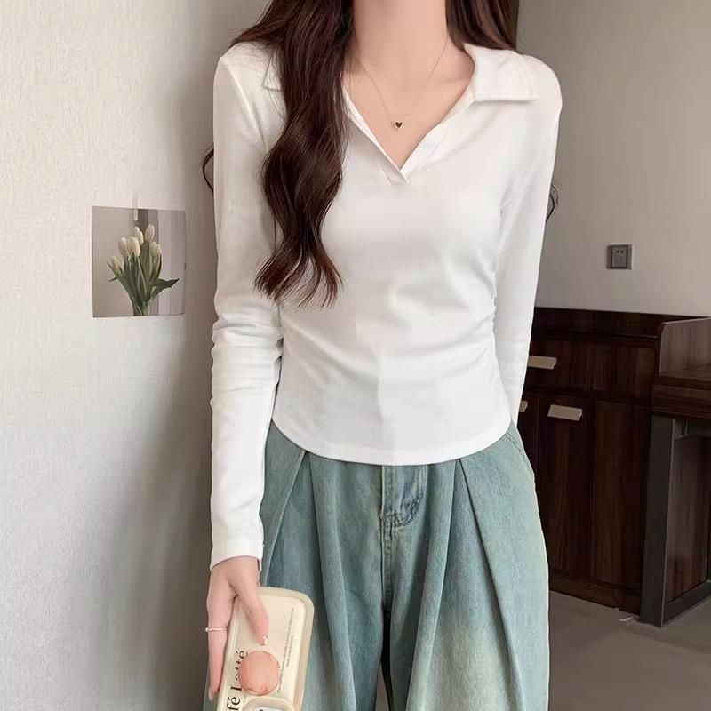 Футболка-поло с длинными рукавами и воротником-маской в корейском стиле для женщин на осень и зиму, новый дизайн, плиссированная талия, уникальная и уникальная нижняя часть рубашки