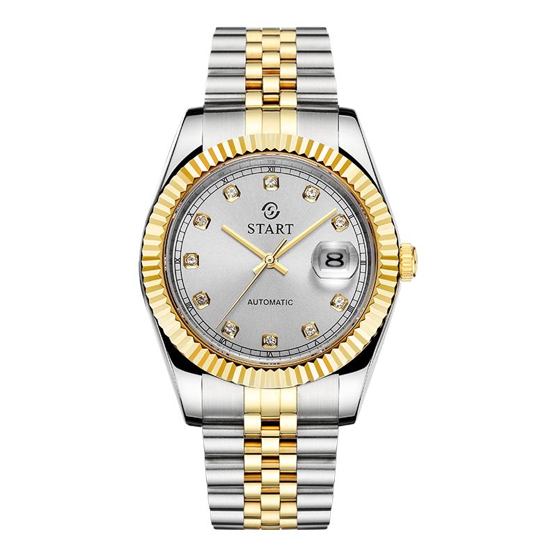 Start Мужские часы с бриллиантовым циферблатом, автоматические механические часы, водонепроницаемые часы с функцией календаря, золотые часы