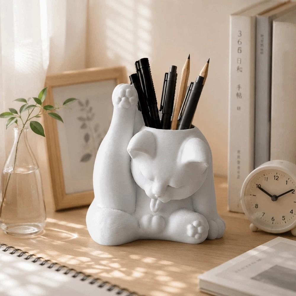 Funny Makeup Brush Holder 3D Printed Desk Storage Box Licking Paw Cat Statue  Stationery Storage