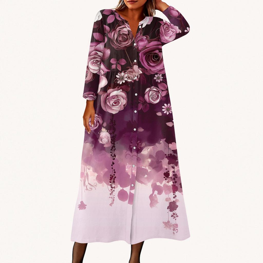 Женское модное платье-рубашка свободного кроя с принтом, круглым вырезом и рукавами семь четвертей на пуговицах