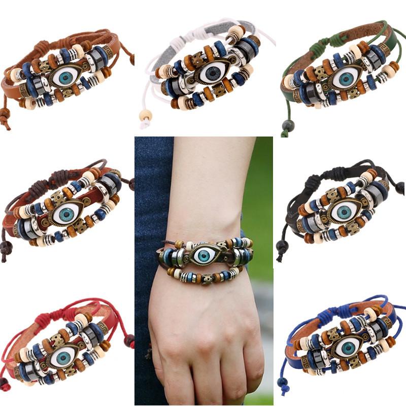 Unisex Vintage Leather Beaded Eye Adjustable Bracelet Handmade Fashion Jewelry Accessory for All Occasions