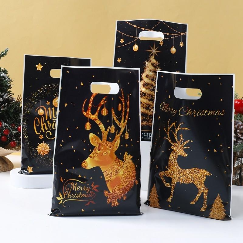 10/25/50Pcs Mixed Golden Elk Christmas Series Party Gift Tote Bag Opp Glitter Gift Bag Candy Bag Plastic Gift Return Bag