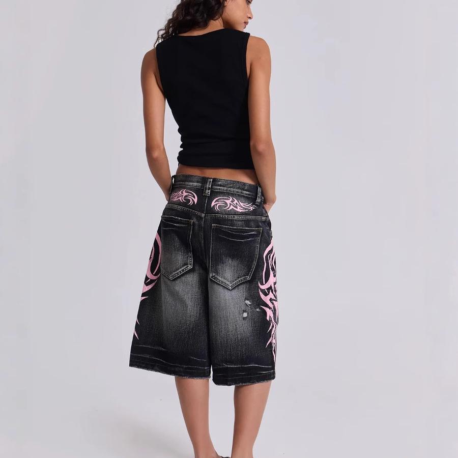 Goth Vintage Print Baggy Jeans Women Street Hip Hop Washing Old High Waisted Jeans Woman Clothing Wide-leg Pants Jean Shorts