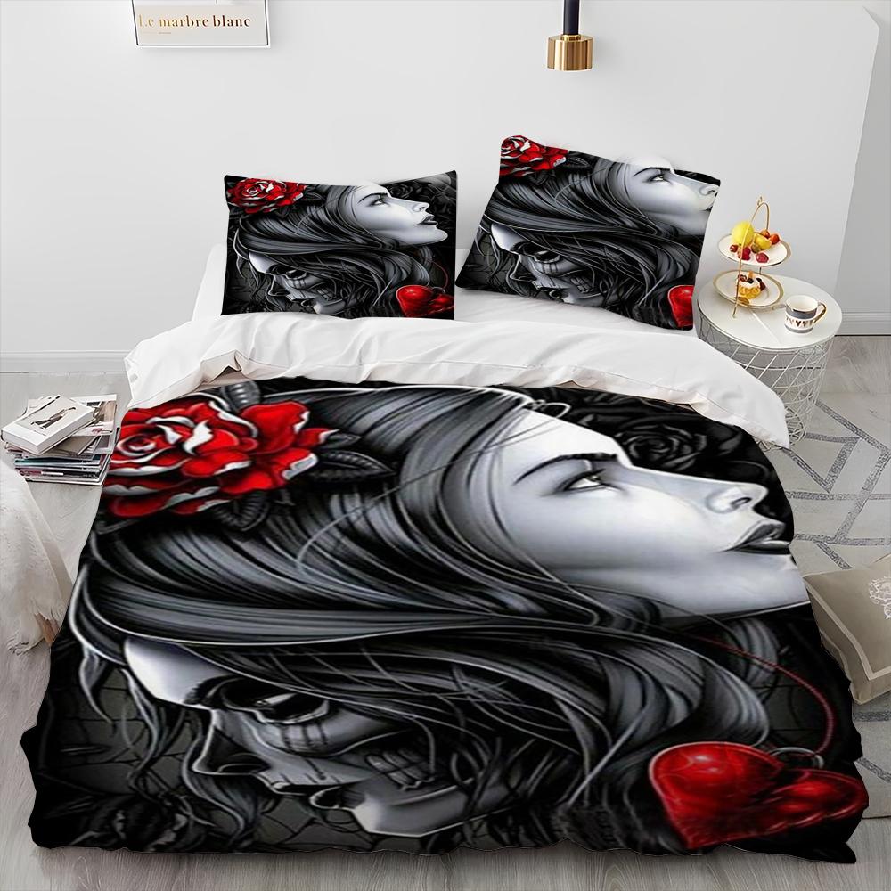 3D Horror Gothic Female Skull Dead Girl Comforter Bedding Set,Duvet Cover Bed Set Quilt Cover Pillowcase,Queen Size Bedding Set