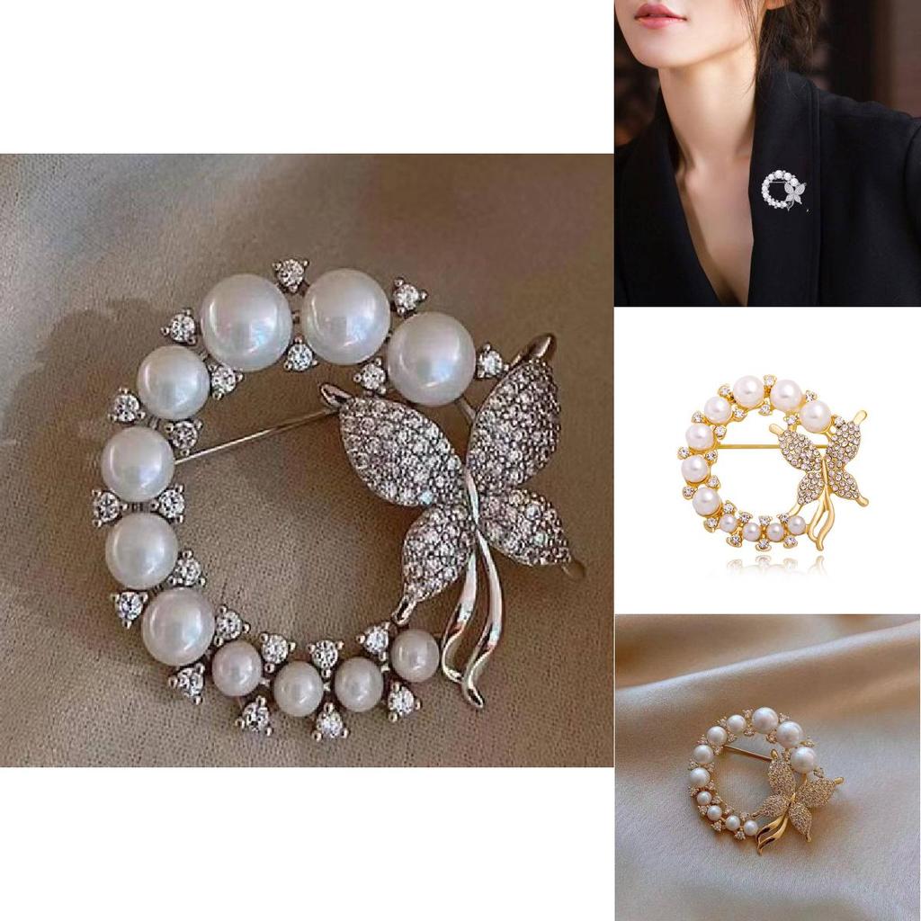 Exquisite Rhinestone And Pearl Butterfly Chest Flower Brooch For Women Korean Fashion Statement Piece
