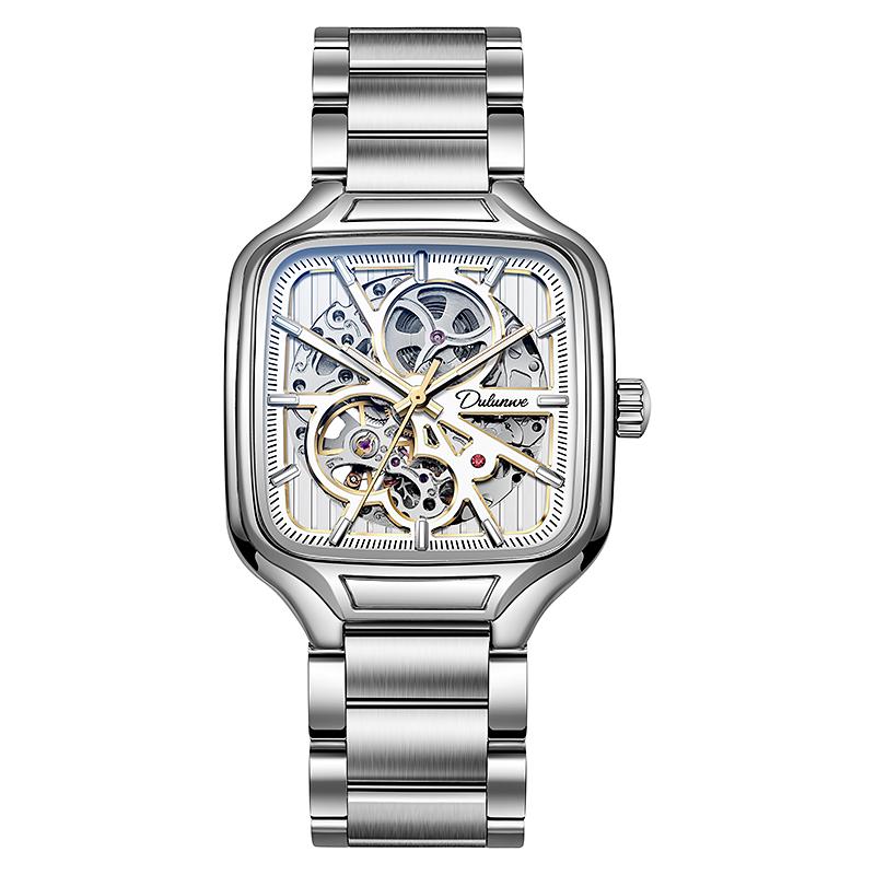 Trend Silver Watches Square Dial Stainless Steel Luxury Hollow Skeleton Mechanical Watch Waterproof Male Gifts Reloj Automático