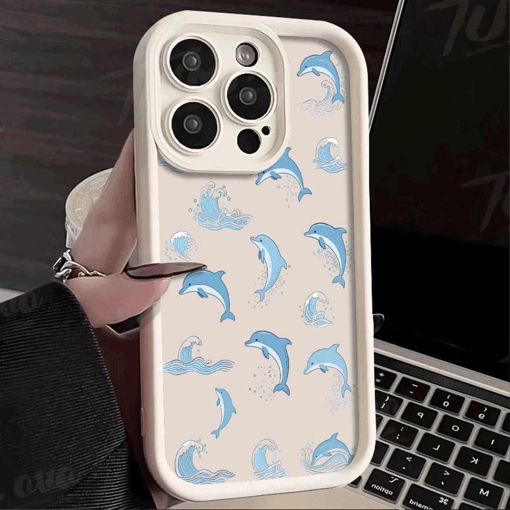Летний стиль Синий дельфин Чехол для телефона Для iPhone 16 15 14 13 12 11 Pro Max Plus/Mini Ударопрочный Защита от царапин Мягкий Защитный чехол