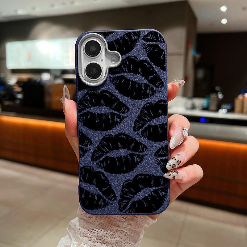 Кожаный чехол с текстурой черного цвета и узором в виде полых губ для iPhone 16 15 Pro 14 Plus 13 12 11 Pro Max Xs Xr 8 7 Plus, ударопрочный, мягкий, из ТПУ, тонкий чехол