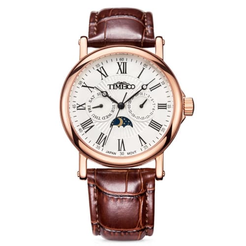 Time100 Men's Watch with Date, Day of the Week, and Day/Night Display, Made In Japan Movement, Brown Leather Strap, Rose Gold, for Businessmen and Adu