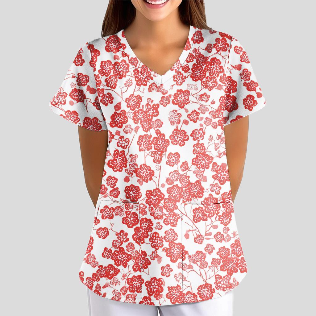 Женская свободная футболка/униформа с цветочным принтом, V-образным вырезом и короткими рукавами