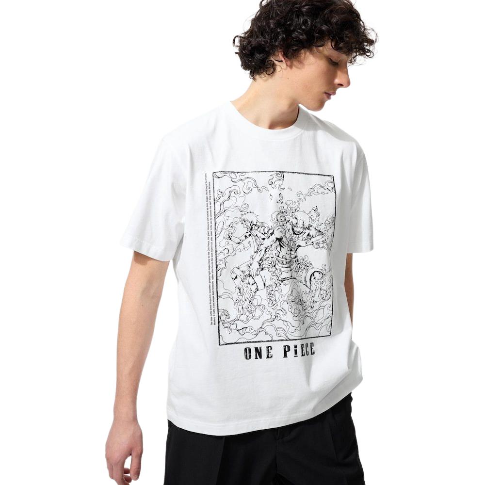 Uniqlo × Коллаборация One Piece SS25 Монохромный Ручной Рисунок Принт с Буквами Повседневная Футболка с Коротким Рукавом и Круглым Вырезом Мужские Футболки Белый 476534-00