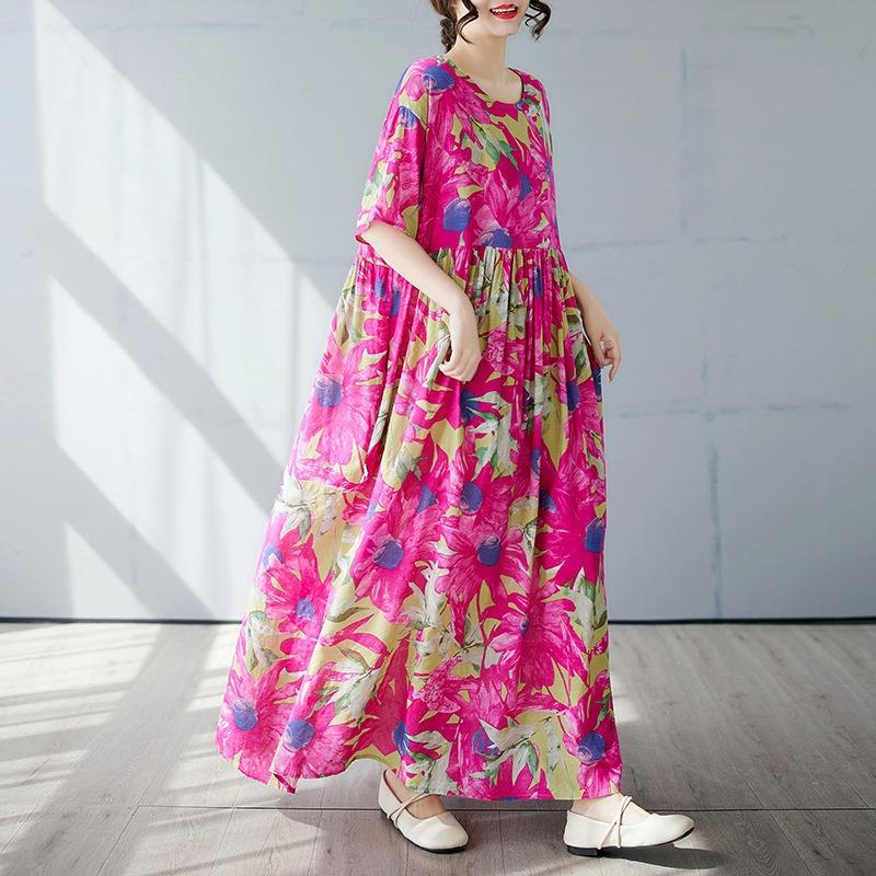 Простое богемное длинное платье лето новое для полных с коротким рукавом круглый вырез принт с женской одеждой