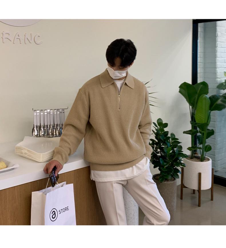 Men's Retro Korean Half-Zip Lapel Sweater - Loose Fit, Autumn/Winter Style Casual Trend