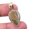 Natural Rhyolite Gemstone 925 Solid Sterling Silver Two Tone Pendant 1.50" W1V39