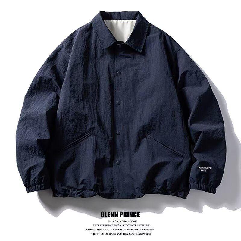 Мужская японская ретро куртка-коуч свободного кроя - отложной воротник, универсальный однотонный цвет, простая рабочая одежда для весны/осени, модный стиль униформы.
