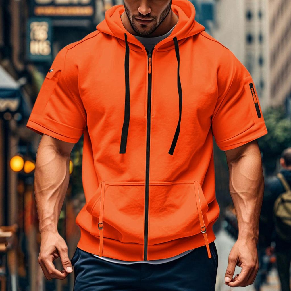 Men's Casual Short-sleeved Sweatshirt. Loose And Breathable Solid-color Sweatshirt Jacket With Multiple Pockets And A Zipper.