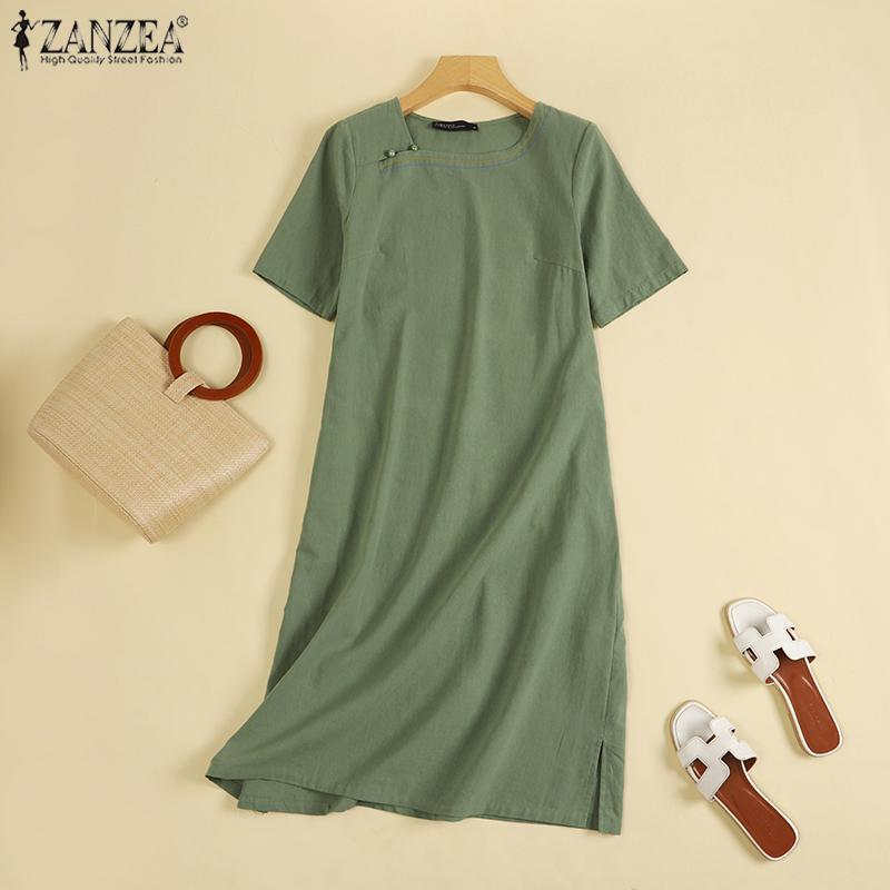 ZANZEA Женское повседневное хлопковое летнее платье с коротким рукавом и круглым вырезом