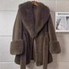 Slim Long Large Fur Collar Faux Fox Women Coat Winter Luxury Imitation Mink Fur Jacket Waist Belt Plush Furry Overcoat