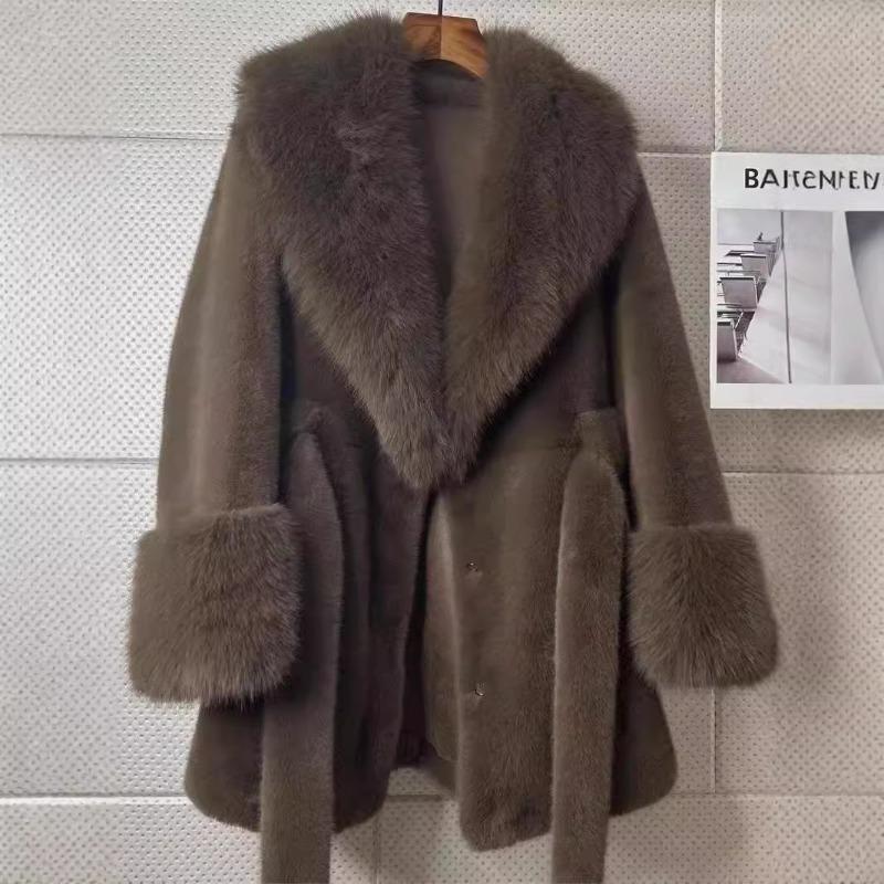 Slim Long Large Fur Collar Faux Fox Women Coat Winter Luxury Imitation Mink Fur Jacket Waist Belt Plush Furry Overcoat