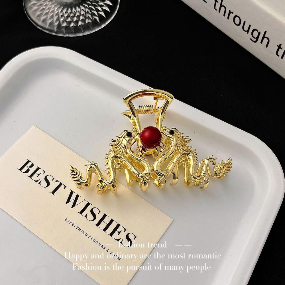 New Year Headwear Animal Hair Clip Red Rhinestone Shark Clip Zodiac Dragon Hair Claw  Daily