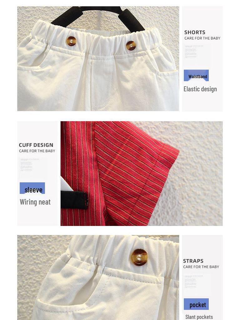 Комплект для малыша: рубашка с коротким рукавом и шорты с подтяжками - Летний джентльменский наряд для годовалого малыша на день рождения