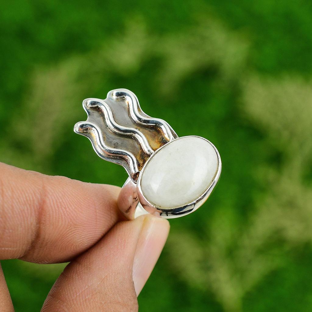 Natural Rainbow Moonstone Gemstone 925 Silver Promise Ring Size 7.75 For Girls