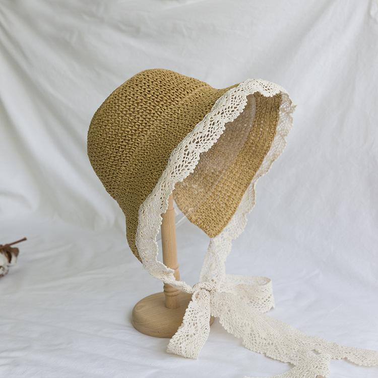 Соломенная шляпа женская летняя кружевная завязка пляжная шляпа маленькая свежая морской отдых солнцезащитный козырек шляпа завязка