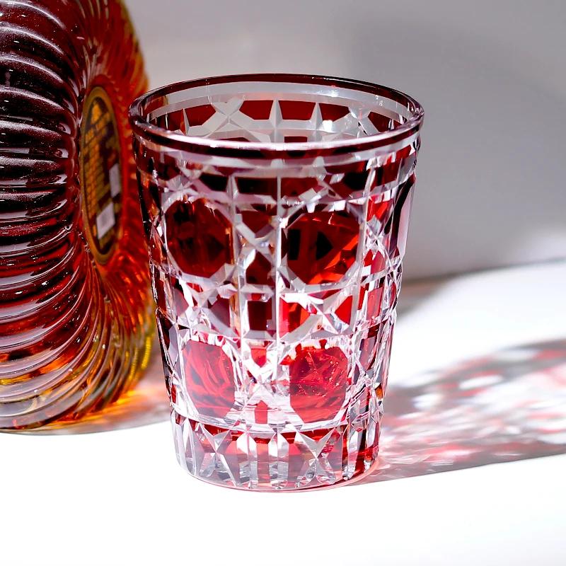 Red Handmade Highball Glass - Modern Cut Crystal Cocktail Tumbler - Art Glass for Whiskey, Iced Tea, Juice - 300ml