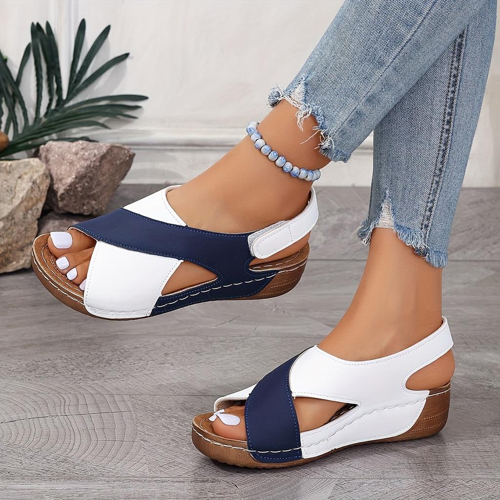 Women's Contrast Color Wedge Sandals, Peep Toe Slingback Soft Sole Shoes, Comfy Outdoor Summer Sandals